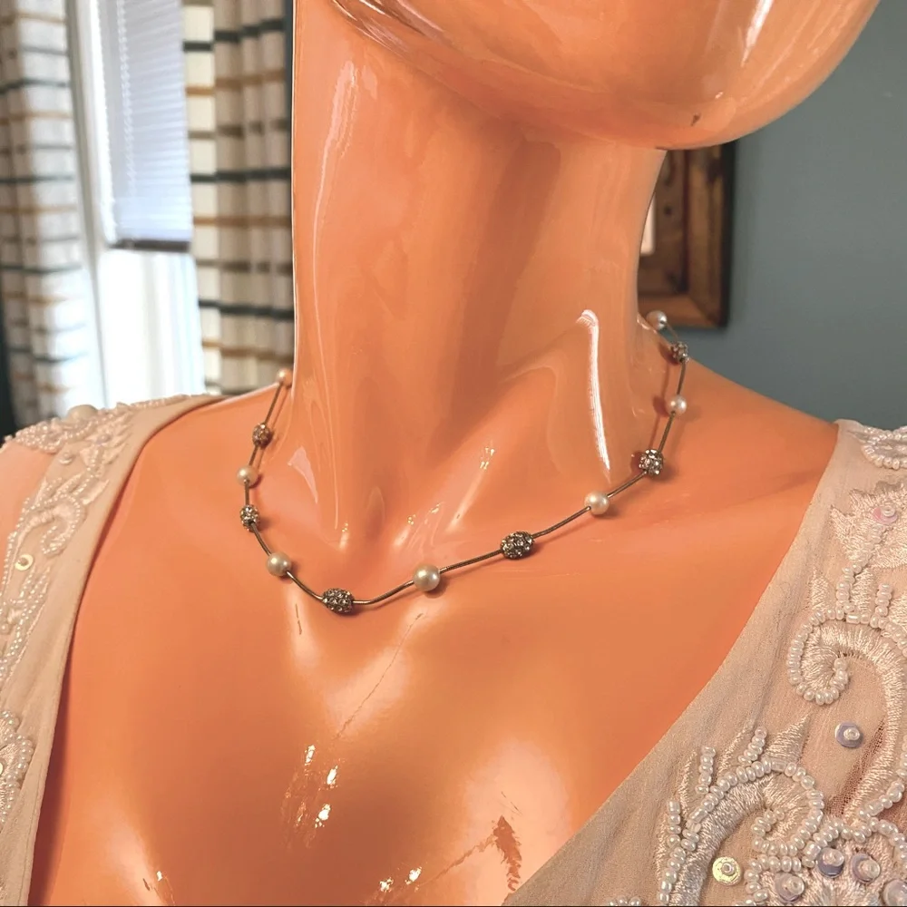 Faux Pearl and Pavé Rhinestone Station Necklace Choker